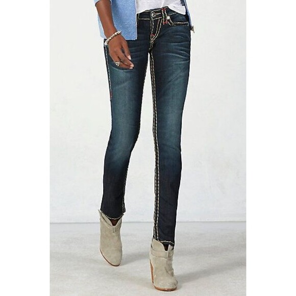 New Womens True Religion Brand Jeans Dark Blue 26 NWT Super T Skinny Flap White - Picture 1 of 11